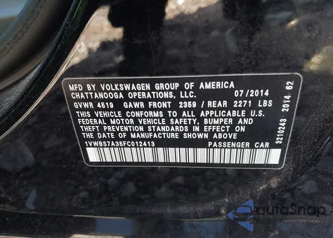 2015 Volkswagen Passat 1.8T Se из США, поврежденный, VIN 1VWBS7A35FC012413